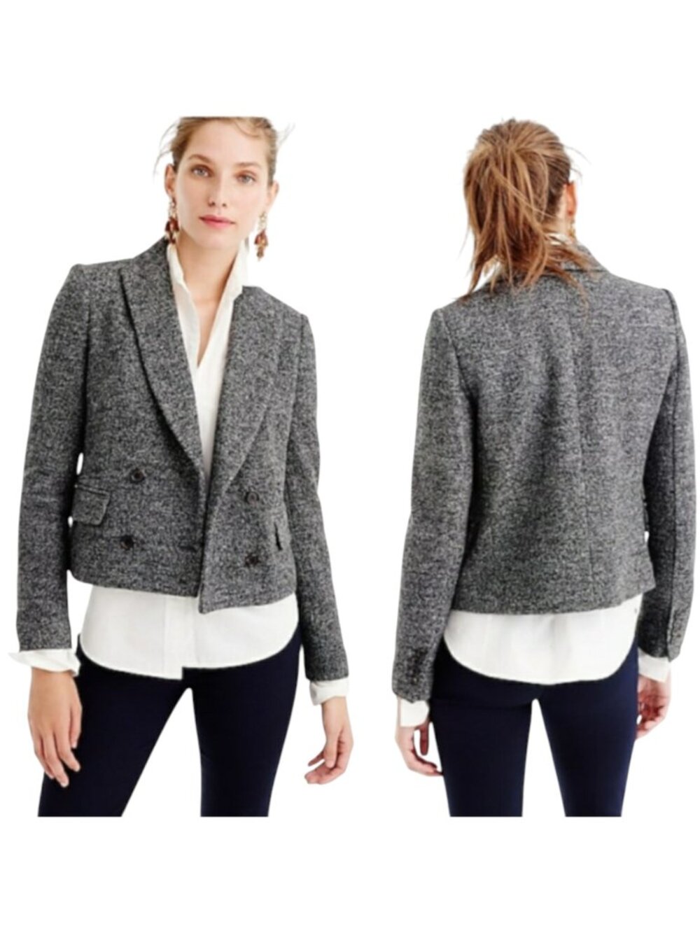 J. Crew Gray Black Tweed Wool Blend Double Breasted Cropped Blazer